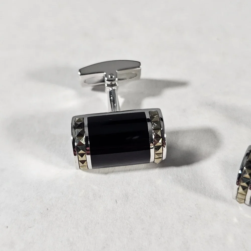 Jan Leslie Cufflinks Mens OS Black Onyx 925 Sterling Silver Pyramid Stud Barrel